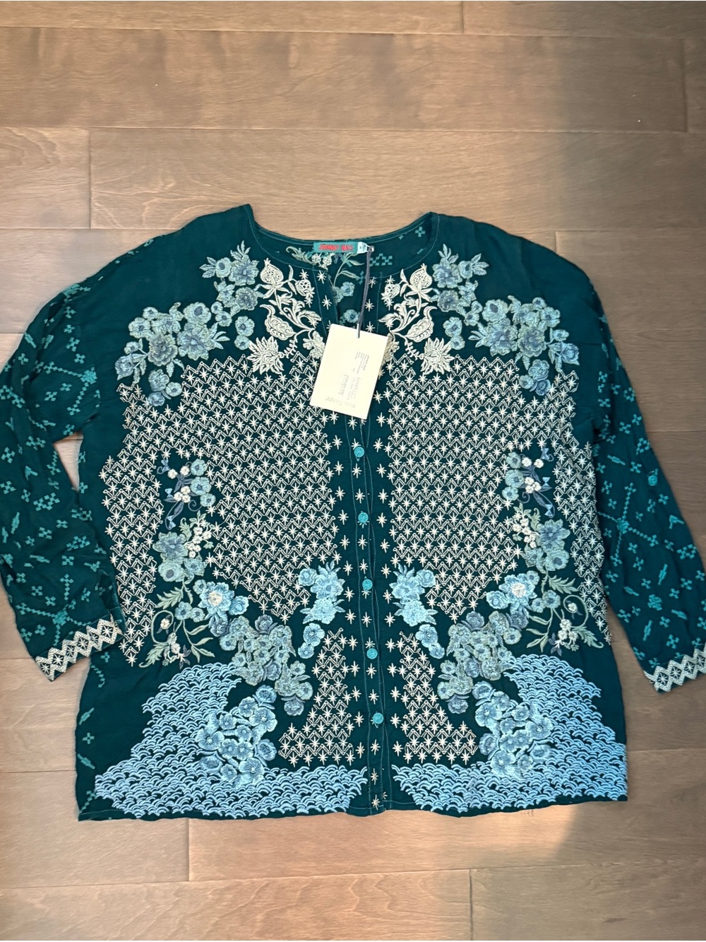 NWT Johnny Was Cenote Teal Blue Green Embroidered Button-Down Top Medium